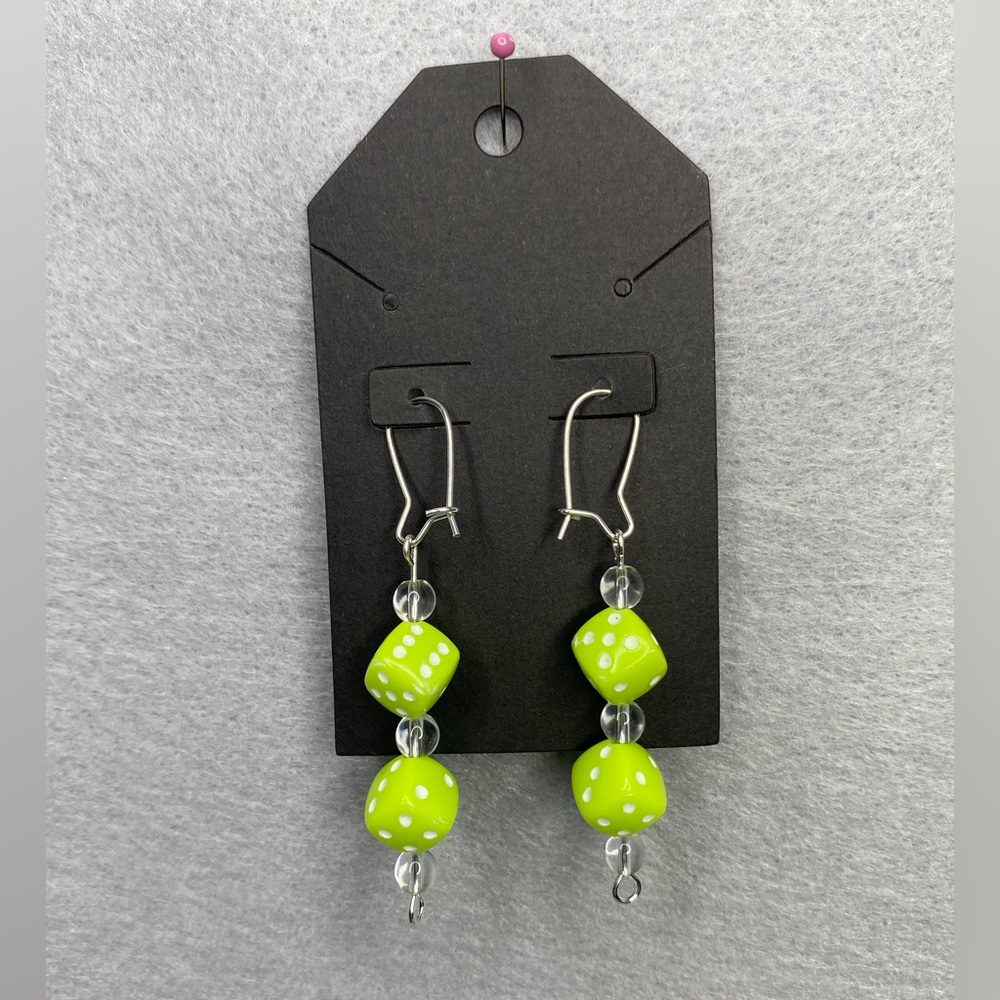Handmade lime green dice dangle earrings